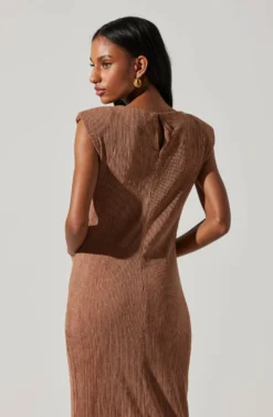 Plisse Straight Neck Midi Dress -Barbie Clothing Shop ADR101830 BROWN 5 scaled