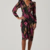 Floral Plunge Ruched Long Sleeve Midi Dress