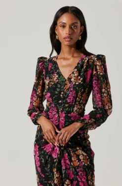 Floral Plunge Ruched Long Sleeve Midi Dress 9 Floral Plunge Ruched Long Sleeve Midi Dress -Barbie Clothing Shop ADR101911 MAGENTAMULTIFRL 2 scaled
