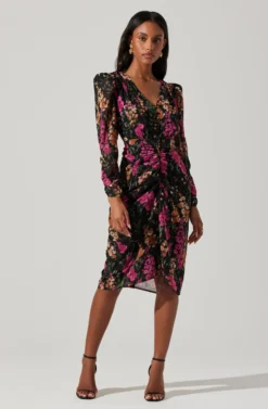 Floral Plunge Ruched Long Sleeve Midi Dress 8 Floral Plunge Ruched Long Sleeve Midi Dress -Barbie Clothing Shop ADR101911 MAGENTAMULTIFRL 3 scaled