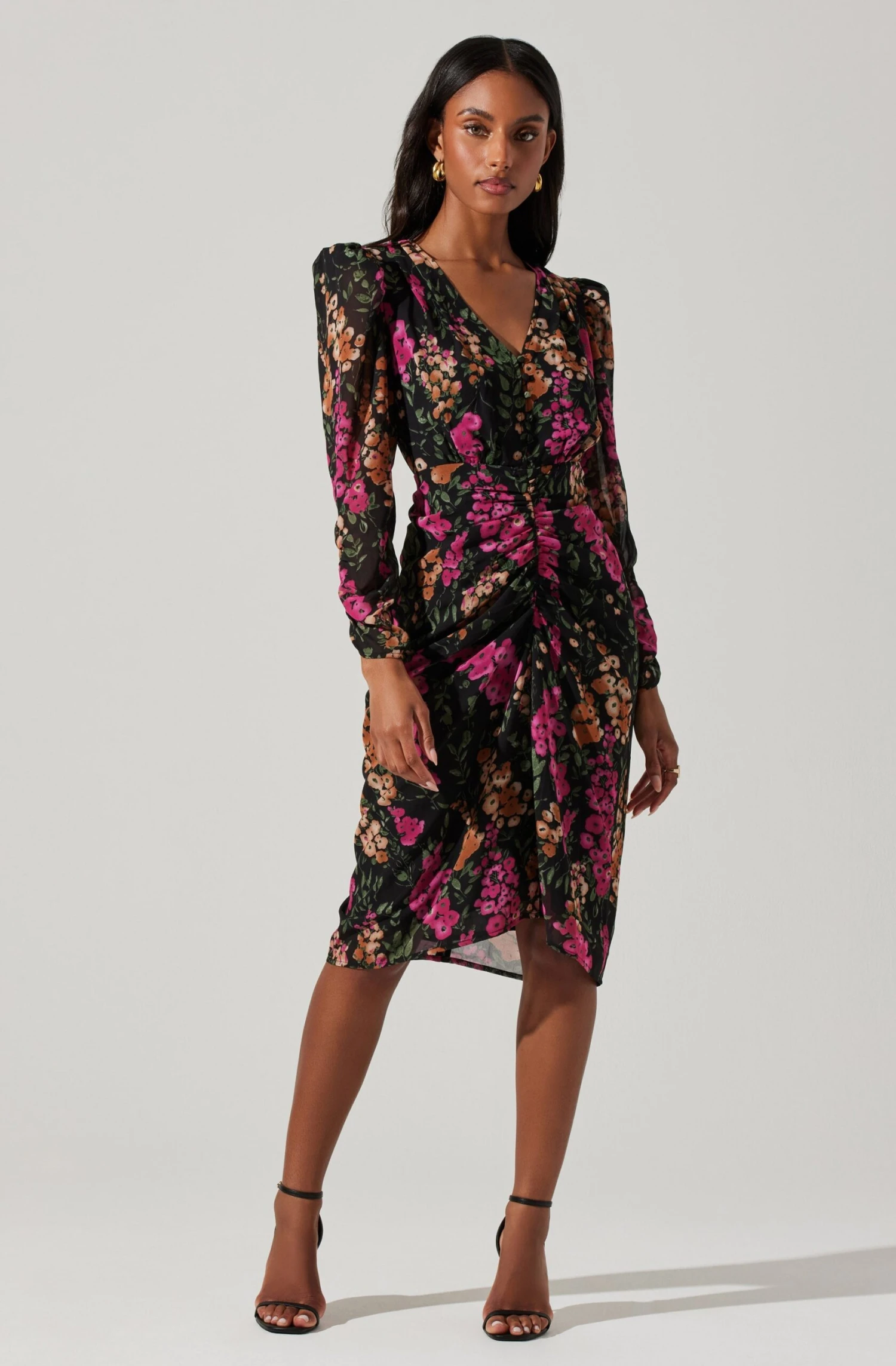 Floral Plunge Ruched Long Sleeve Midi Dress 3 Floral Plunge Ruched Long Sleeve Midi Dress - Image 3