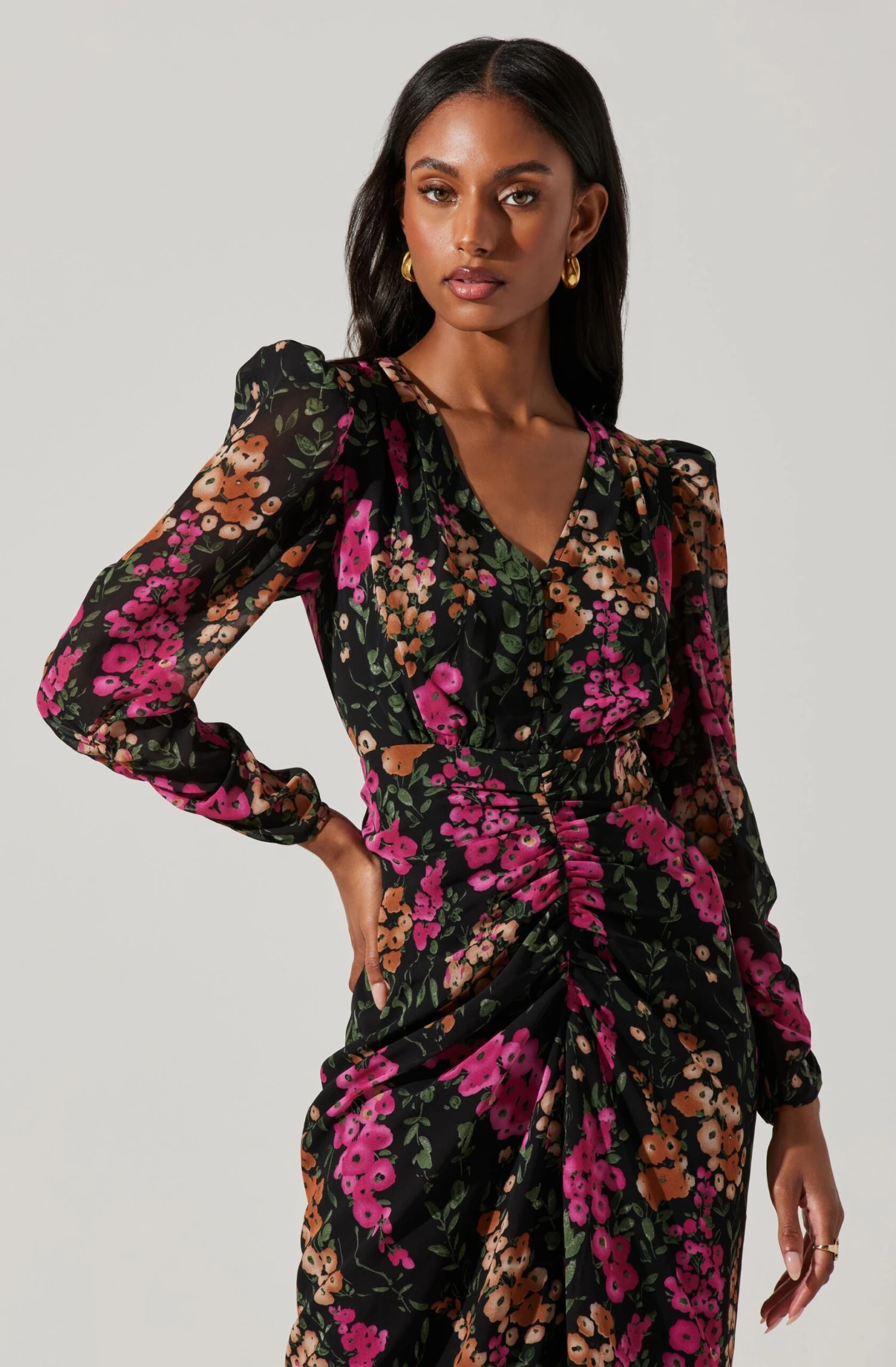 Floral Plunge Ruched Long Sleeve Midi Dress 2 Floral Plunge Ruched Long Sleeve Midi Dress - Image 2