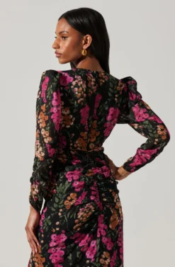 Floral Plunge Ruched Long Sleeve Midi Dress 10 Floral Plunge Ruched Long Sleeve Midi Dress -Barbie Clothing Shop ADR101911 MAGENTAMULTIFRL 5 scaled