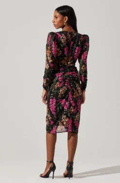 Floral Plunge Ruched Long Sleeve Midi Dress 11 Floral Plunge Ruched Long Sleeve Midi Dress -Barbie Clothing Shop ADR101911 MAGENTAMULTIFRL 6 scaled