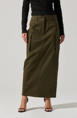 High Rise Cargo Maxi Skirt -Barbie Clothing Shop AS9163 OLIVE 3 scaled