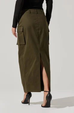 High Rise Cargo Maxi Skirt -Barbie Clothing Shop AS9163 OLIVE 5 scaled