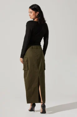 High Rise Cargo Maxi Skirt -Barbie Clothing Shop AS9163 OLIVE 6 scaled