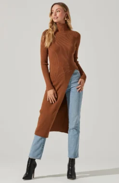 Hi Slit Turtleneck Sweater -Barbie Clothing Shop AT16295 CAMEL 1 scaled