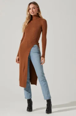 Hi Slit Turtleneck Sweater -Barbie Clothing Shop AT16295 CAMEL 2 scaled