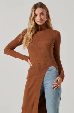 Hi Slit Turtleneck Sweater -Barbie Clothing Shop AT16295 CAMEL 3 scaled