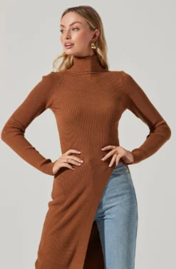 Hi Slit Turtleneck Sweater -Barbie Clothing Shop AT16295 CAMEL 4 scaled