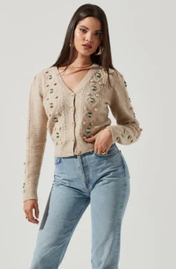 Floral Embroidered Cable Knit Cardigan