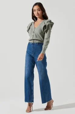 Shoulder Ruffle Long Sleeve Cardigan -Barbie Clothing Shop AT16771 SAGE 0723 scaled