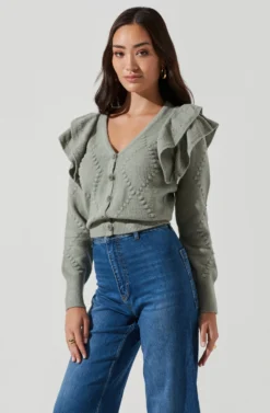 Shoulder Ruffle Long Sleeve Cardigan