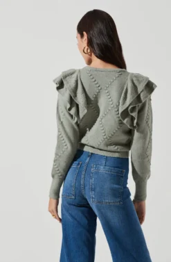 Shoulder Ruffle Long Sleeve Cardigan -Barbie Clothing Shop AT16771 SAGE 0744 scaled