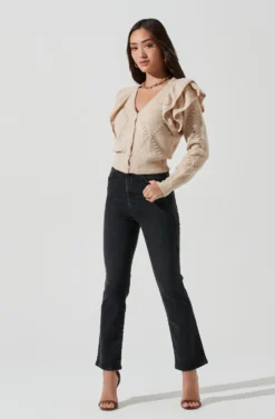 Shoulder Ruffle Long Sleeve Cardigan -Barbie Clothing Shop AT16771 TAUPE 0893 scaled