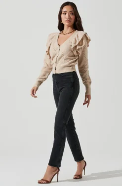 Shoulder Ruffle Long Sleeve Cardigan -Barbie Clothing Shop AT16771 TAUPE 0896 scaled