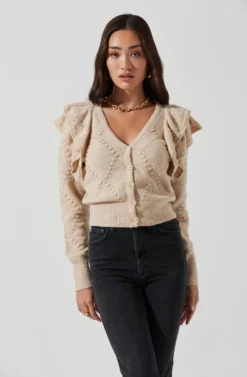 Shoulder Ruffle Long Sleeve Cardigan -Barbie Clothing Shop AT16771 TAUPE 0903 scaled