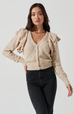 Shoulder Ruffle Long Sleeve Cardigan -Barbie Clothing Shop AT16771 TAUPE 0904 scaled