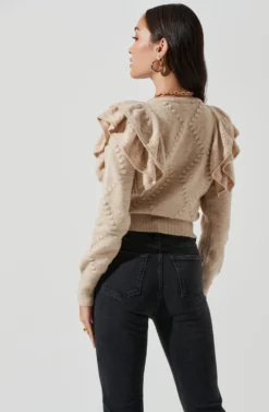 Shoulder Ruffle Long Sleeve Cardigan -Barbie Clothing Shop AT16771 TAUPE 0909 scaled