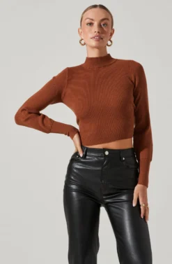 Tie Back Mock Neck Sweater -Barbie Clothing Shop AT16917 CAMEL 2 scaled