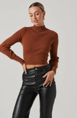 Tie Back Mock Neck Sweater -Barbie Clothing Shop AT16917 CAMEL 3 scaled