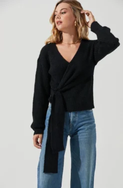 Fuzzy Tie Front Sweater