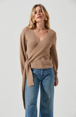 Fuzzy Tie Front Sweater -Barbie Clothing Shop AT16937 BROWN 2 scaled