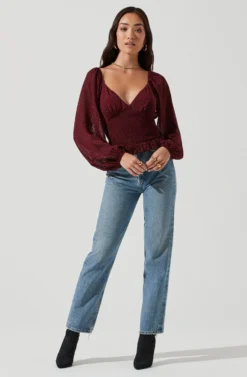 Long Sleeve Smocked Top -Barbie Clothing Shop AT17109 WINE 1149 scaled