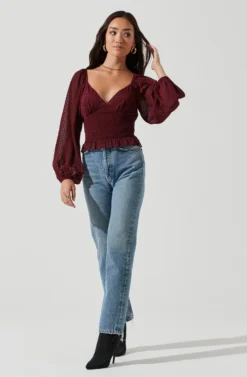 Long Sleeve Smocked Top -Barbie Clothing Shop AT17109 WINE 1151 scaled