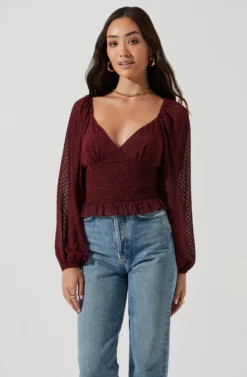 Long Sleeve Smocked Top -Barbie Clothing Shop AT17109 WINE 1156 scaled