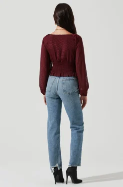 Long Sleeve Smocked Top -Barbie Clothing Shop AT17109 WINE 1160 scaled