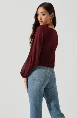 Long Sleeve Smocked Top -Barbie Clothing Shop AT17109 WINE 1165 scaled