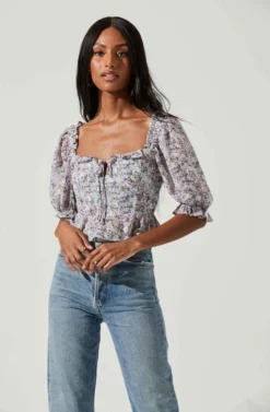 Half Sleeve Floral Back Cutout Top