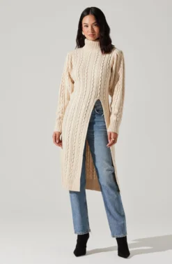 Hi Slit Cable Knit Sweater -Barbie Clothing Shop AT17274 CREAM 1 scaled