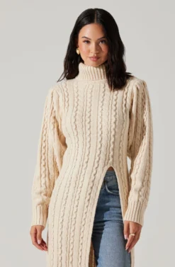 Hi Slit Cable Knit Sweater -Barbie Clothing Shop AT17274 CREAM 5 scaled