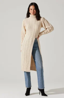 Hi Slit Cable Knit Sweater -Barbie Clothing Shop AT17274 CREAM 6 scaled