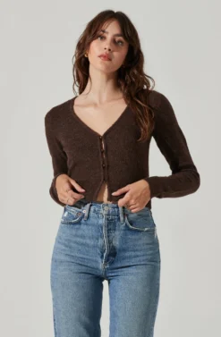 Pearl Button Cardigan -Barbie Clothing Shop AT17475 BROWN 2 scaled