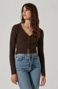 Pearl Button Cardigan -Barbie Clothing Shop AT17475 BROWN 3 scaled