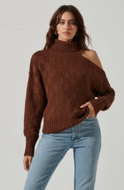 Mock Neck Cutout Sweater -Barbie Clothing Shop AT17528 BROWN 3 scaled