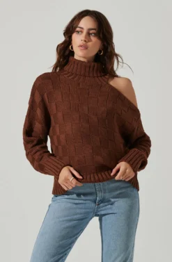 Mock Neck Cutout Sweater -Barbie Clothing Shop AT17528 BROWN 4 scaled
