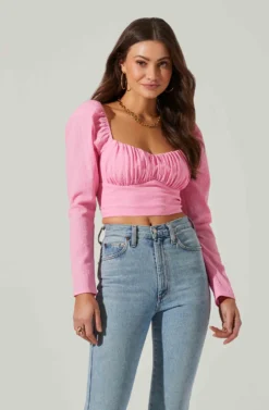 Long Sleeve Sweetheart Neck Crop Top -Barbie Clothing Shop AT17592 PINK 2 scaled