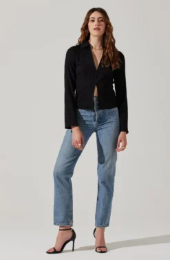 Shirred Long Sleeve Collared Flyaway Top -Barbie Clothing Shop AT17821 BLACK 1 scaled