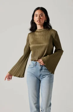 Cropped Plisse Mock Neck Top -Barbie Clothing Shop AT17868 OLIVE 1 scaled