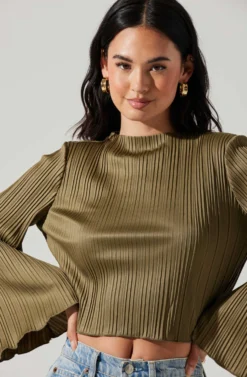Cropped Plisse Mock Neck Top -Barbie Clothing Shop AT17868 OLIVE 3 scaled