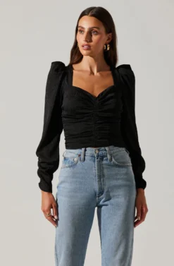 Long Sleeve Ruched Puff Sleeve Top -Barbie Clothing Shop AT17932YS BLACK 3 scaled