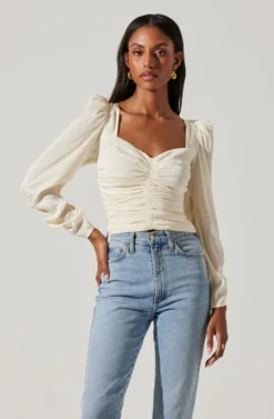 Long Sleeve Ruched Puff Sleeve Top -Barbie Clothing Shop AT17932YS CREAM 3 scaled